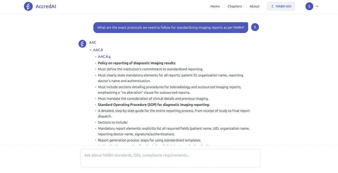 AccredAI answering a question about standardising imaging reports, citing NABH chapter AAC standard 8 objective element g, and listing the policy and SOP elements required.