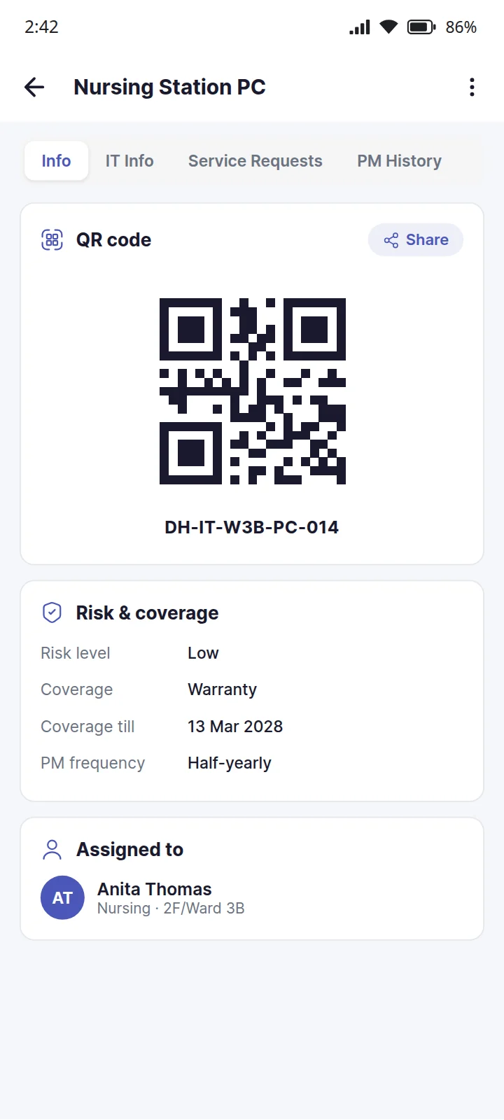 An asset’s record in EaseAsset with the QR code on its sticker. Sample data.
