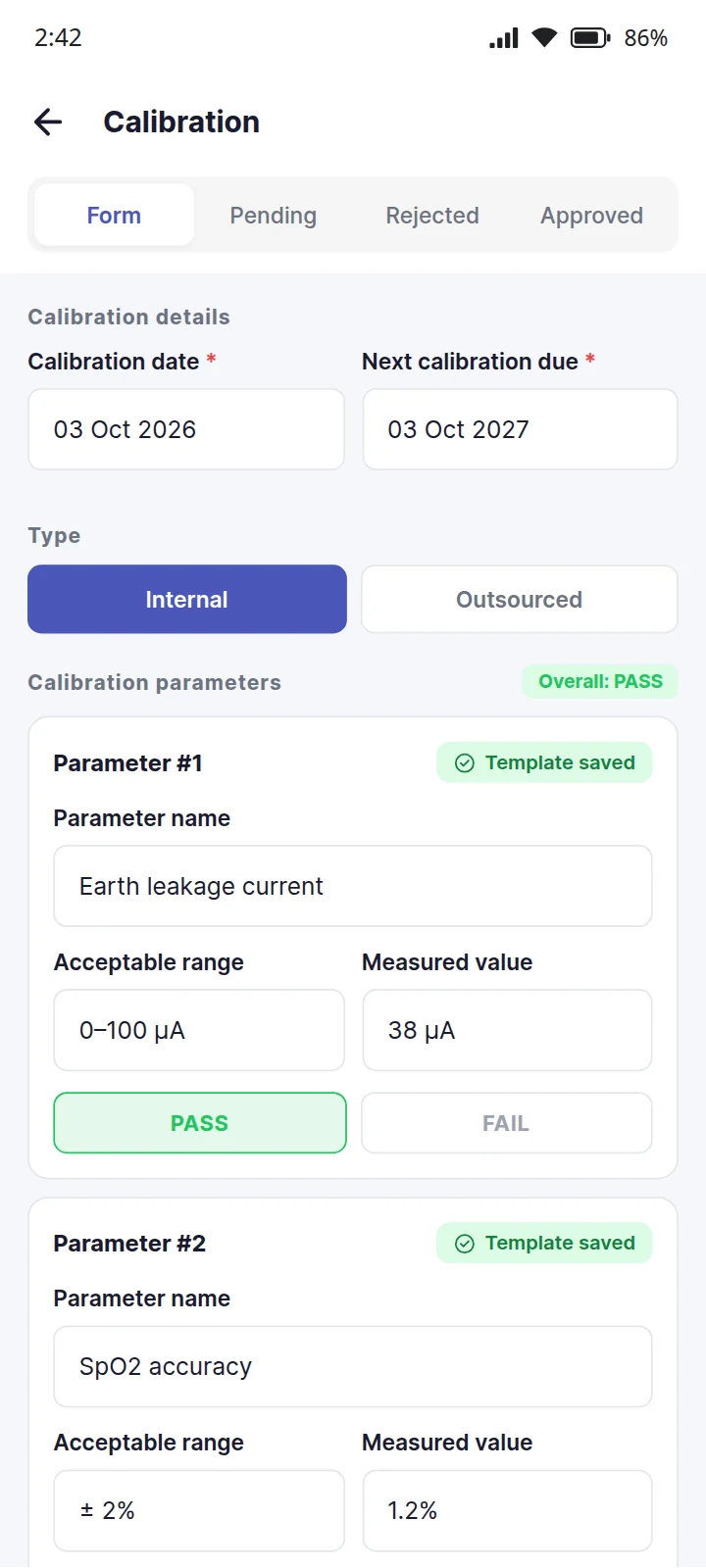 An EaseAsset calibration record on a phone: the calibration date and next due date, an internal calibration, and its parameters, earth leakage current and SpO2 accuracy, each with an acceptable range, a measured value and a pass, for an overall pass. Sample data.