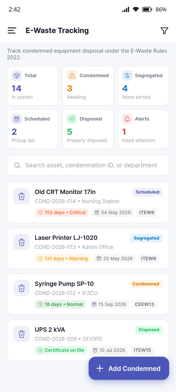 EaseAsset E-Waste Tracking on a phone: 14 condemned items across the condemned, segregated, scheduled and disposed stages, one alert, and each item's days in storage, one of them critical at 152 days. Sample data.