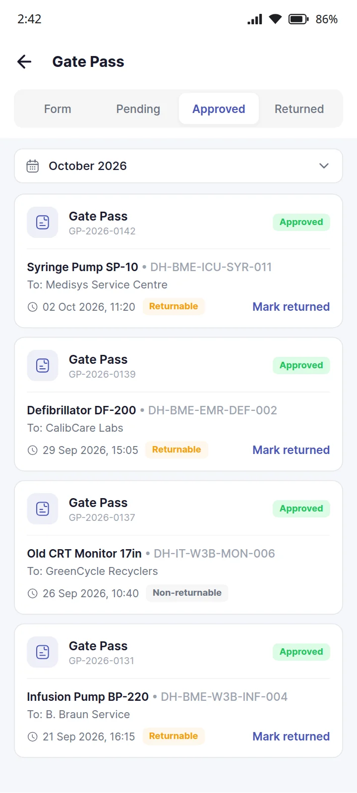 The EaseAsset Gate Pass screen on a phone, on its Approved tab for October 2026: four approved gate passes, three returnable equipment items out for service or calibration with a Mark returned button on each, and one non-returnable monitor sent to a recycler. Sample data.