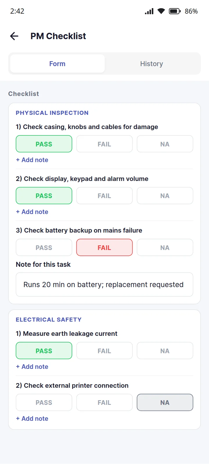 An EaseAsset preventive maintenance checklist, each task marked pass, fail or not applicable. Sample data.