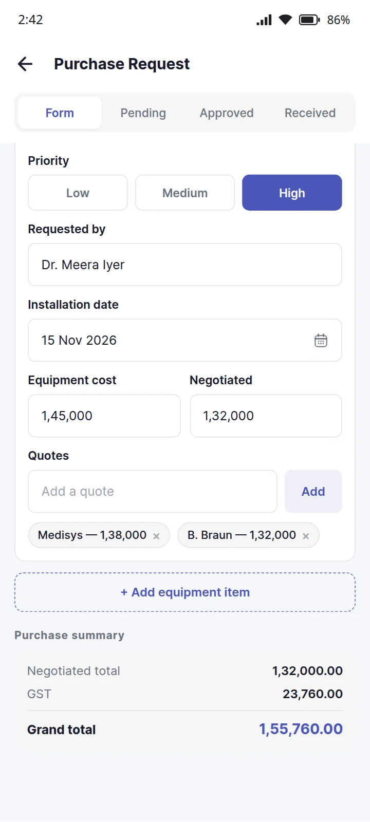An EaseAsset purchase request on a phone: an infusion pump marked high priority, with who requested it, its installation date, its cost and negotiated price, two vendor quotes, and the purchase summary with GST and a grand total of 1,55,760. Sample data.