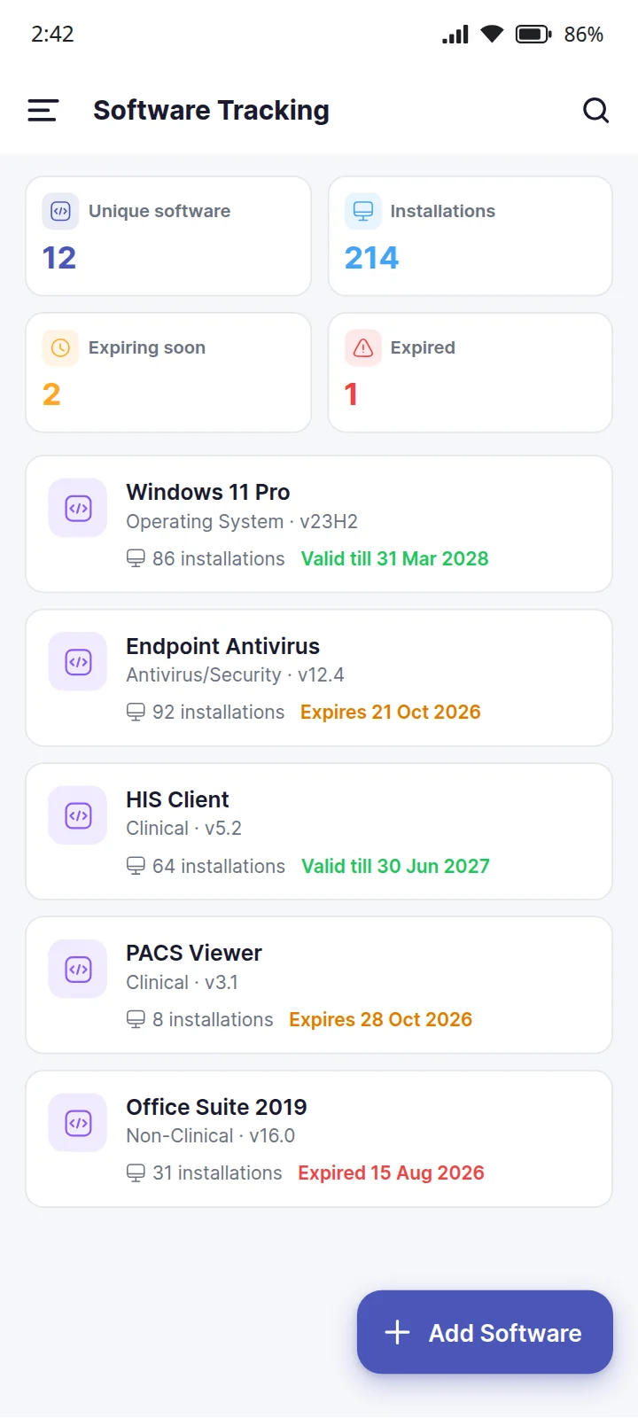 EaseAsset Software Tracking on a phone: 12 titles across 214 installations, two licences expiring soon and one expired, with each title's category, version, installation count and licence date. Sample data.