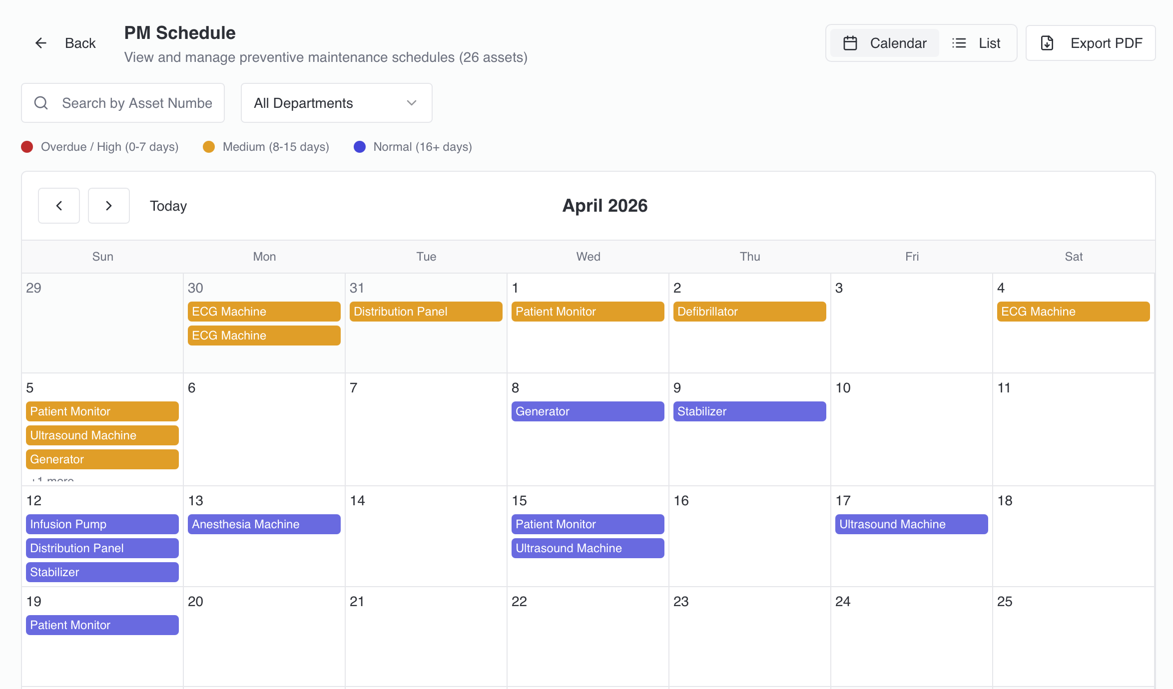 Preventive maintenance calendar