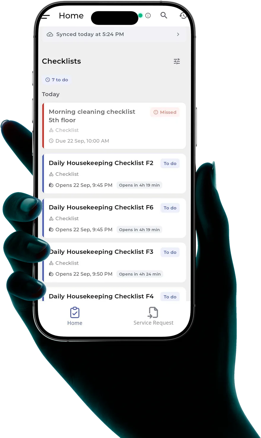 A hand holding a phone showing the EaseOps app checklist list: a morning cleaning checklist marked Missed against its 10:00 due time, four daily housekeeping checklists marked To do with the time until each one opens, a last-synced stamp at the top, and a Service Request tab in the bottom navigation.