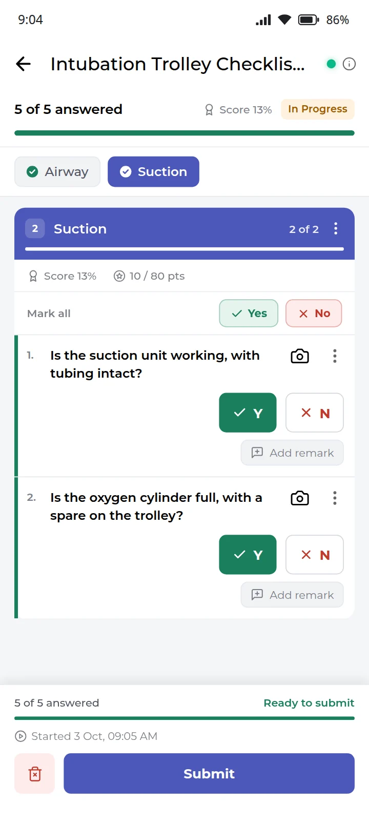 An EaseOps checklist on a phone, all five questions answered and ready to submit. Sample data.