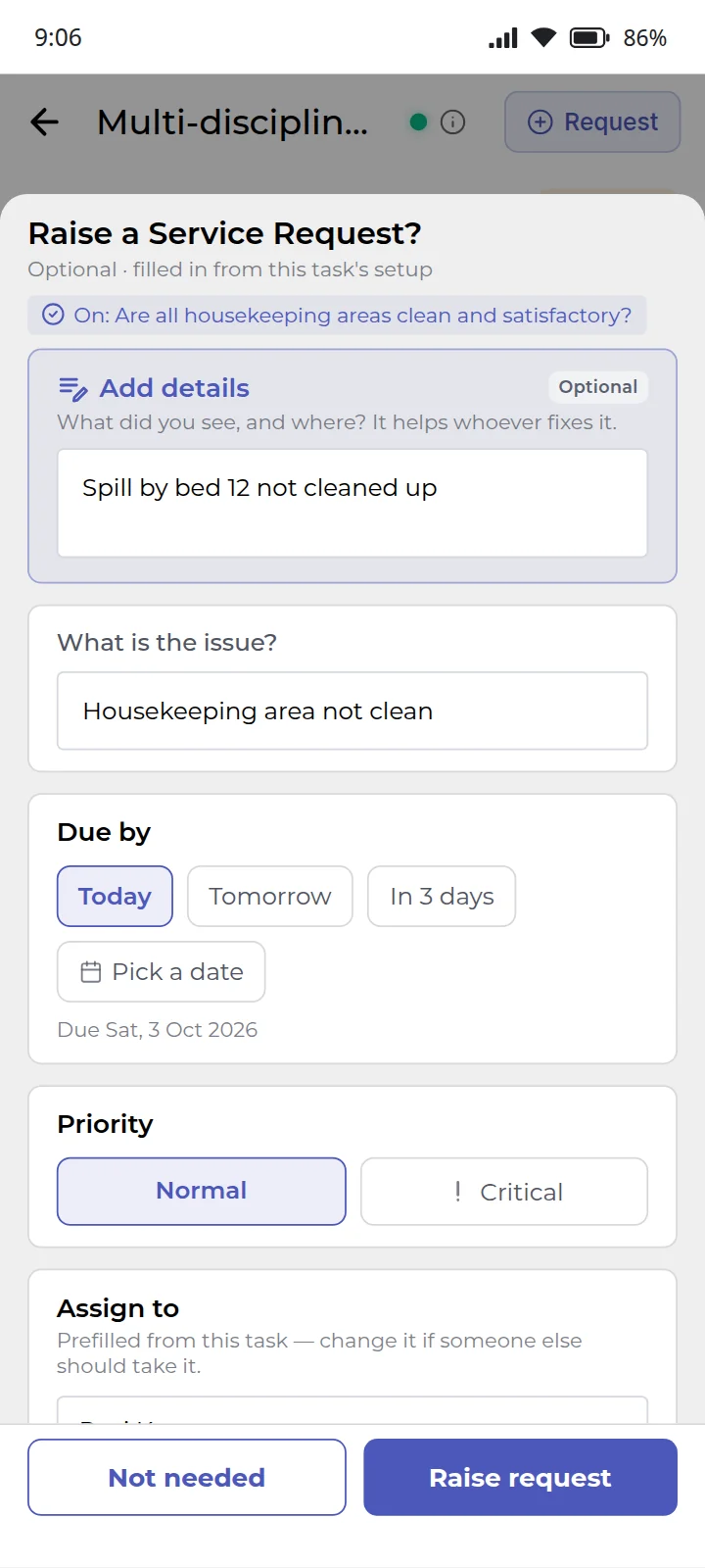 The “Raise a Service Request?” sheet on a ward round, pre-filled from the task, with a due date and priority. Sample data.