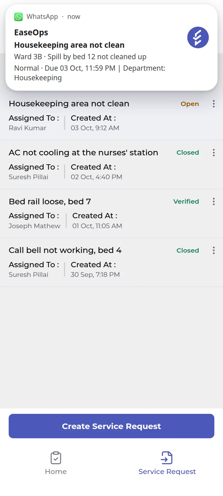The EaseOps service request list, with the WhatsApp alert the owner receives for the new request. Sample data.