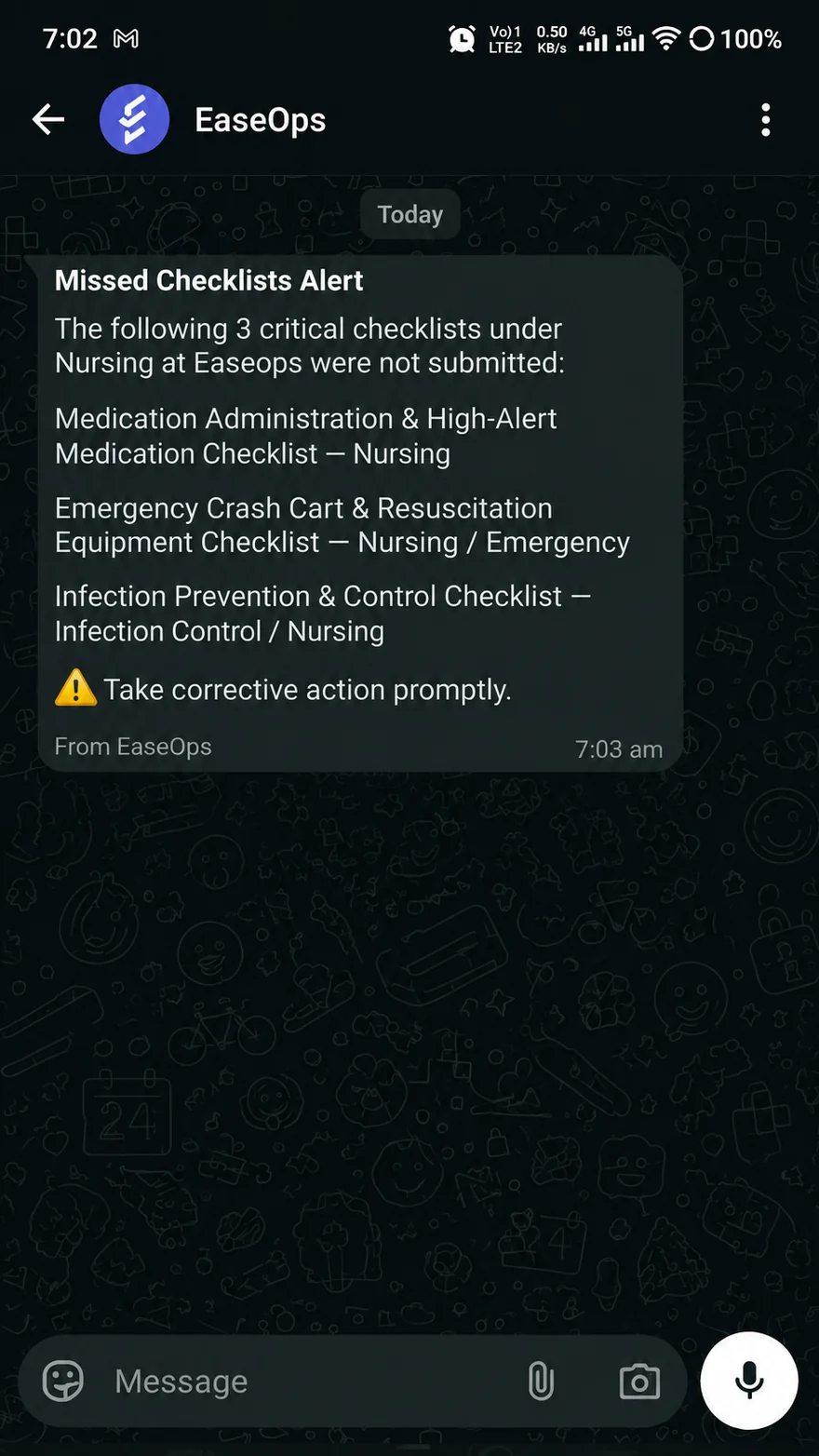 A WhatsApp alert from EaseOps listing three critical nursing checklists that were not submitted, each named with its department, ending with a note to take corrective action promptly.