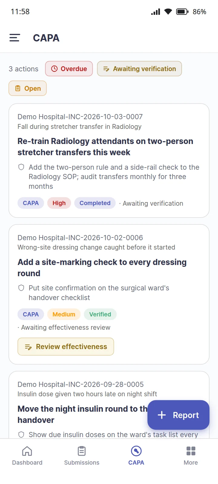 The EaseQMS CAPA register, each action awaiting verification, an effectiveness review, or complete. Sample data.