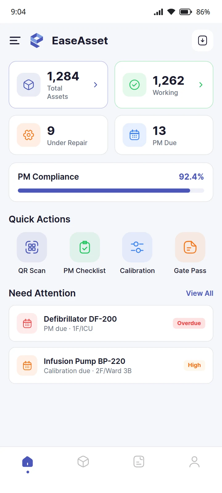 EaseAsset on a phone, open on its equipment dashboard. Sample data.